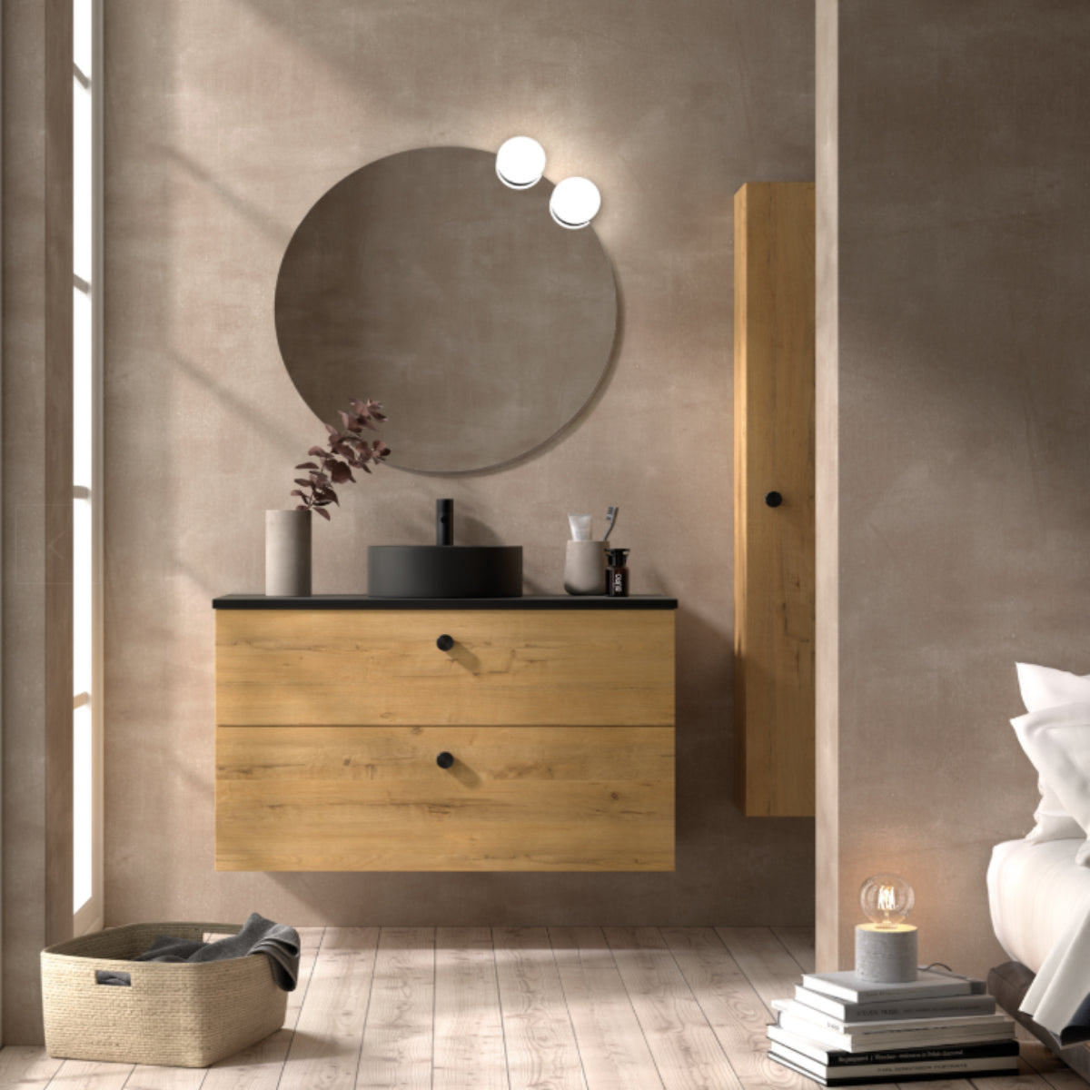 Mueble baño madera 18 Carmen lavabo negro sobre encimera 2 cajones Avila Dos Errefe Home