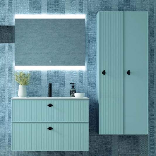 Mueble columna colección Blanca con puertas acabados rayado y liso color azul claro Avila Dos Errefe Home