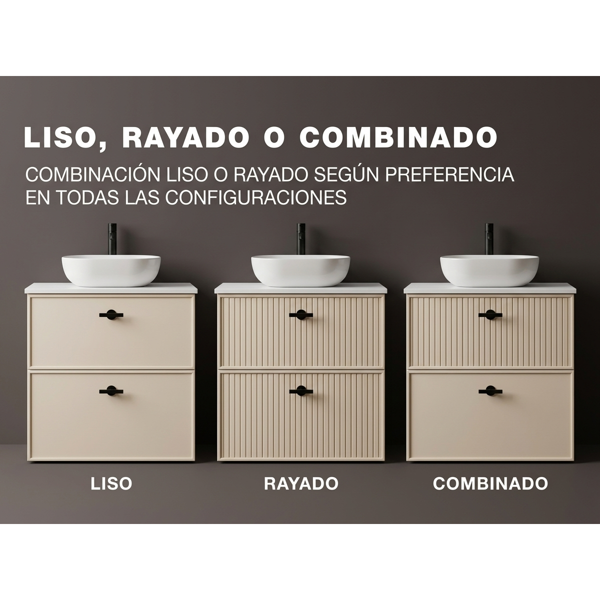 Posible combinaciones. Diseños de Frente de cajones Colección BLANCA, Liso y Rayado y Combinado. Avila Dos - Errefe Home 