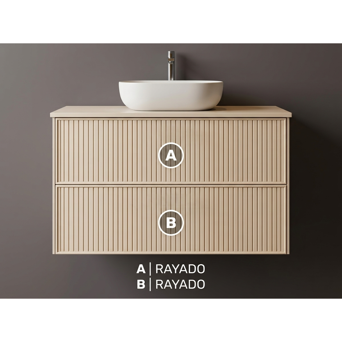 Identificación acabados de Frentes para mueble de 2 cajones.  Colección BLANCA, Liso y Rayado. Avila Dos - Errefe Home 