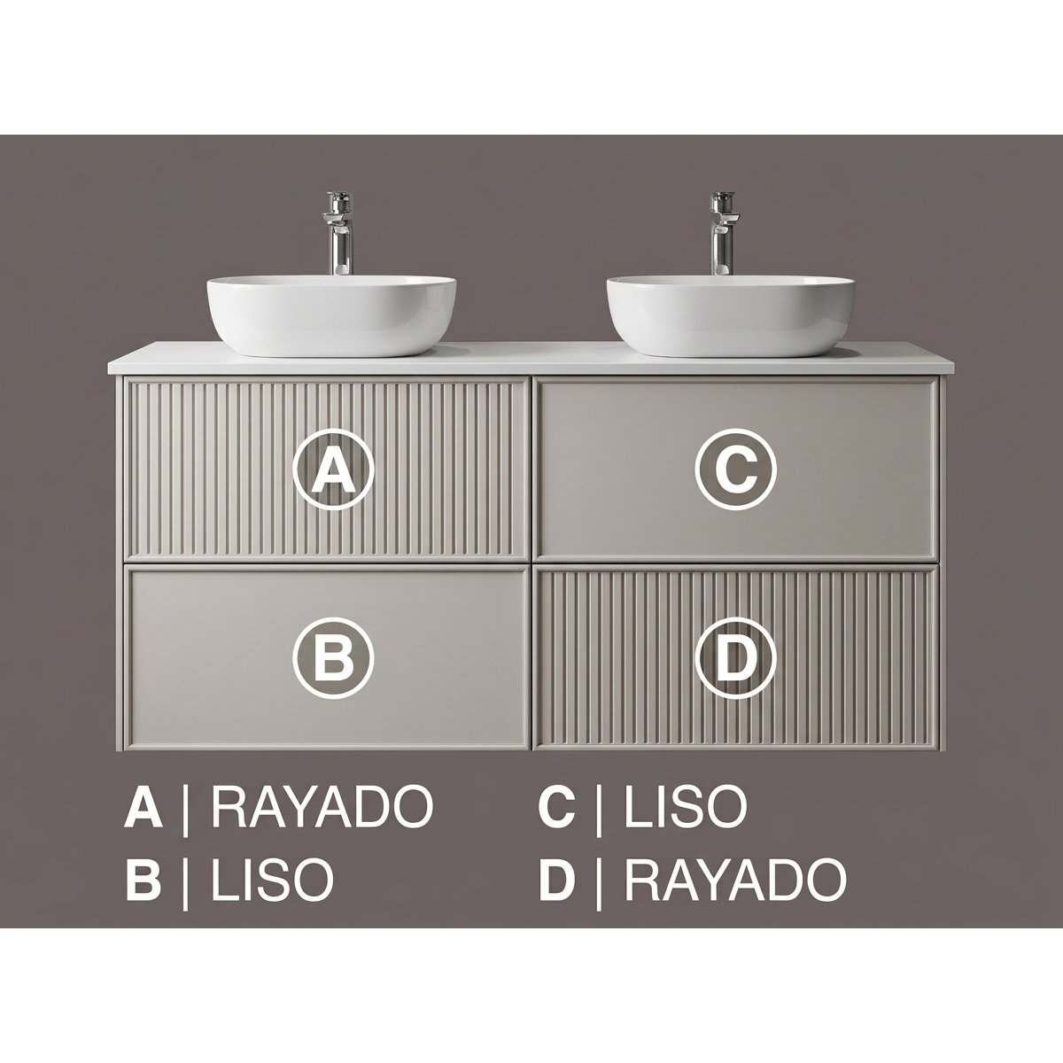 Identificación acabados de Frentes para mueble de 4 cajones.  Colección BLANCA, Liso y Rayado. Avila Dos - Errefe Home 