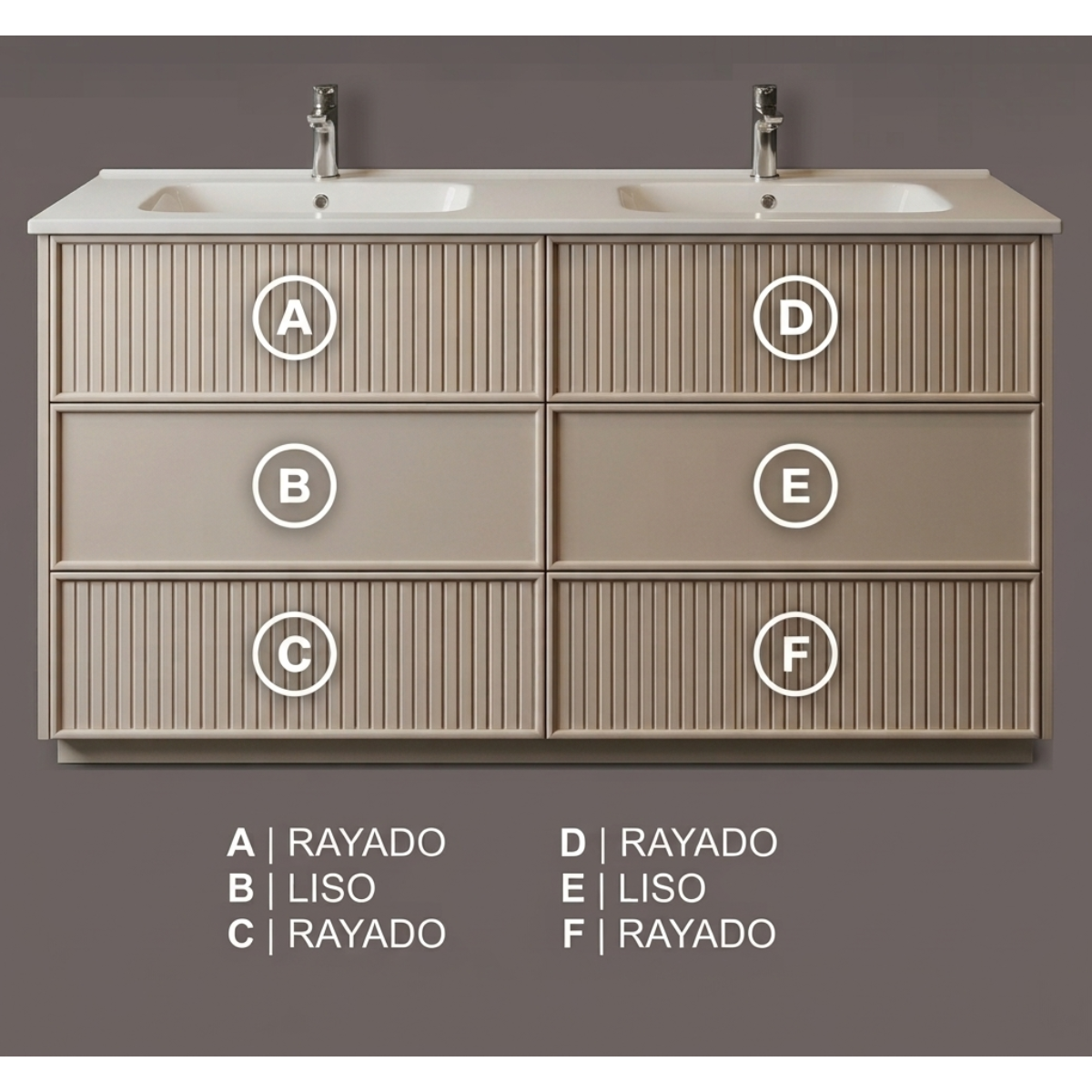 Identificación acabados de Frentes para mueble de 6 cajones.  Colección BLANCA, Liso y Rayado. Avila Dos - Errefe Home 