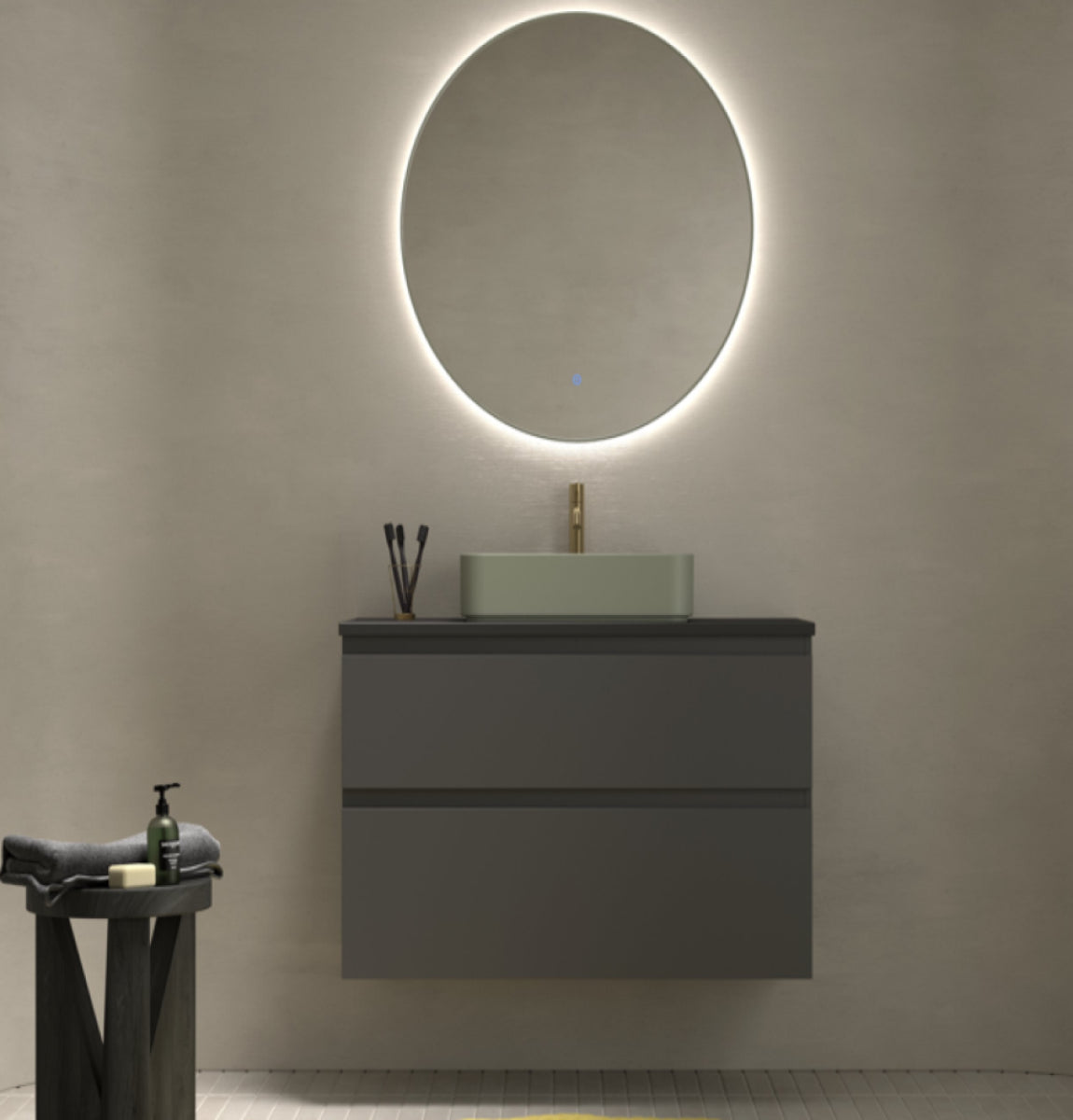 Mueble de baño Carmen color verde 55 Avila Dos lavabo Kuadrado sobre encimera 1 seno 2 cajones suspendidos Errefe Home