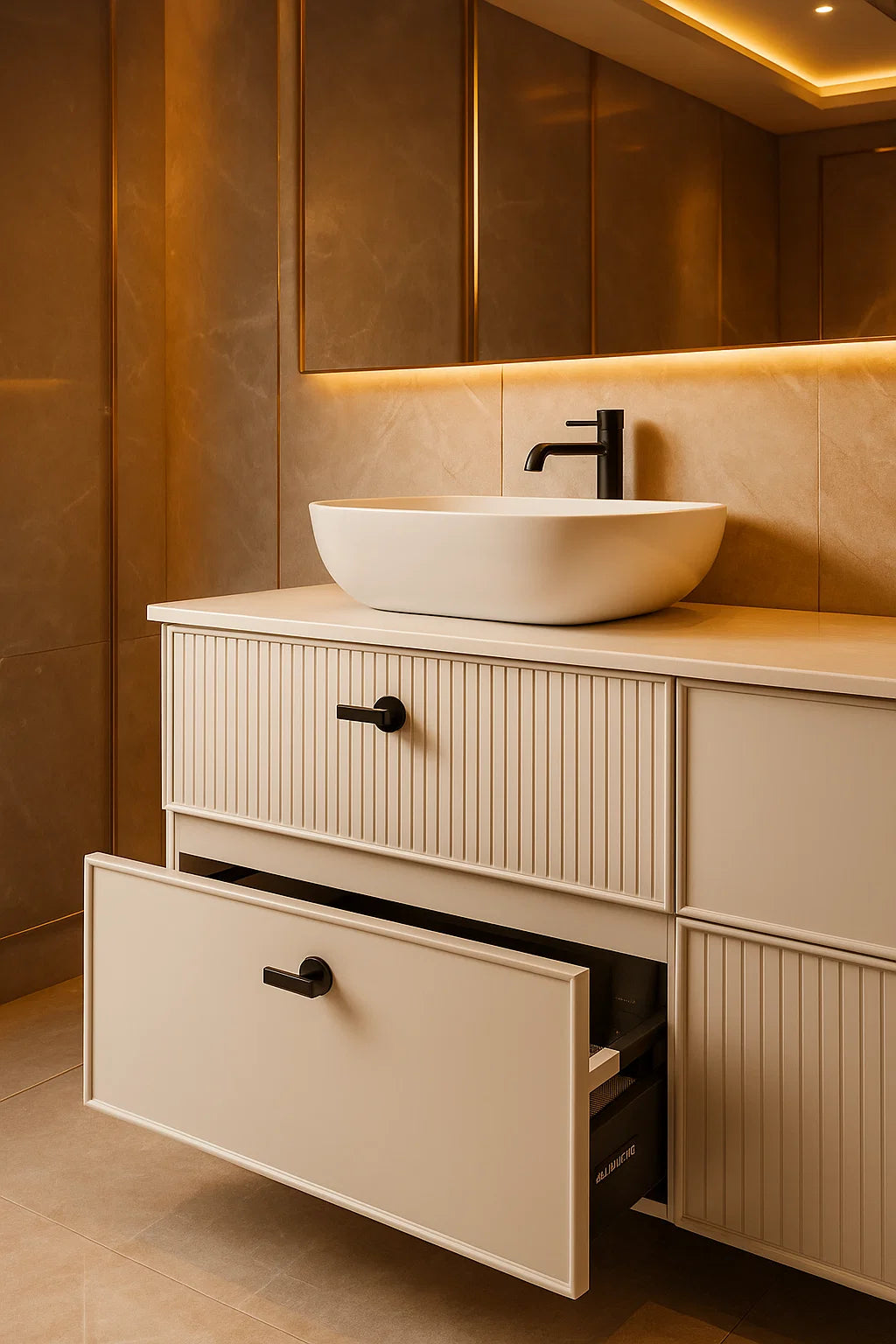 Mueble de baño sobre encimera, cajones liso y rayado. Coleccion Esssence de Avila Dos. Elegante y minimalista. Errefe Home