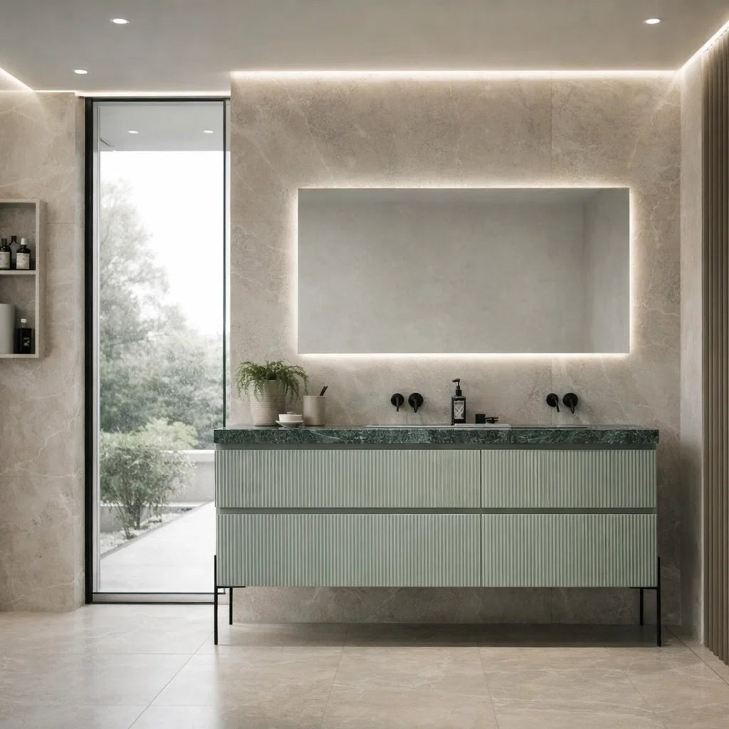 Mueble de baño. Patas Lungo 2 senos 4 cajones. Lavabo piedra verde. Elegante. Errefe Home