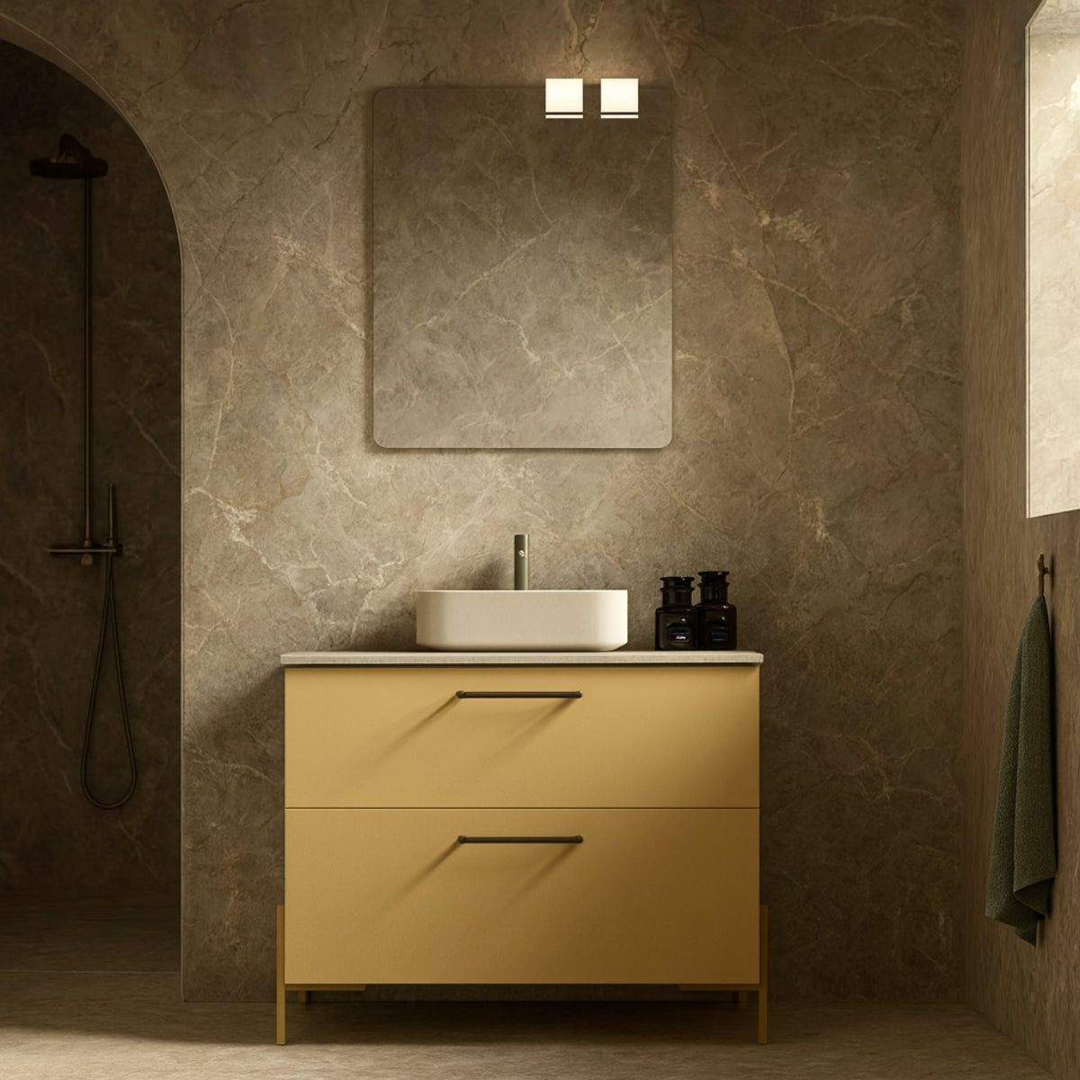 Mueble de baño 2 cajones suspendidos, lavabo sobre encimera. Colección Carmen Avila Dos Errefe Home