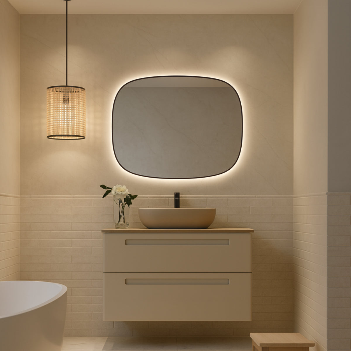 Mueble de baño 2 cajones suspendidos, lavabo sobre encimera color beige. Colección Paris Avila Dos Errefe Home