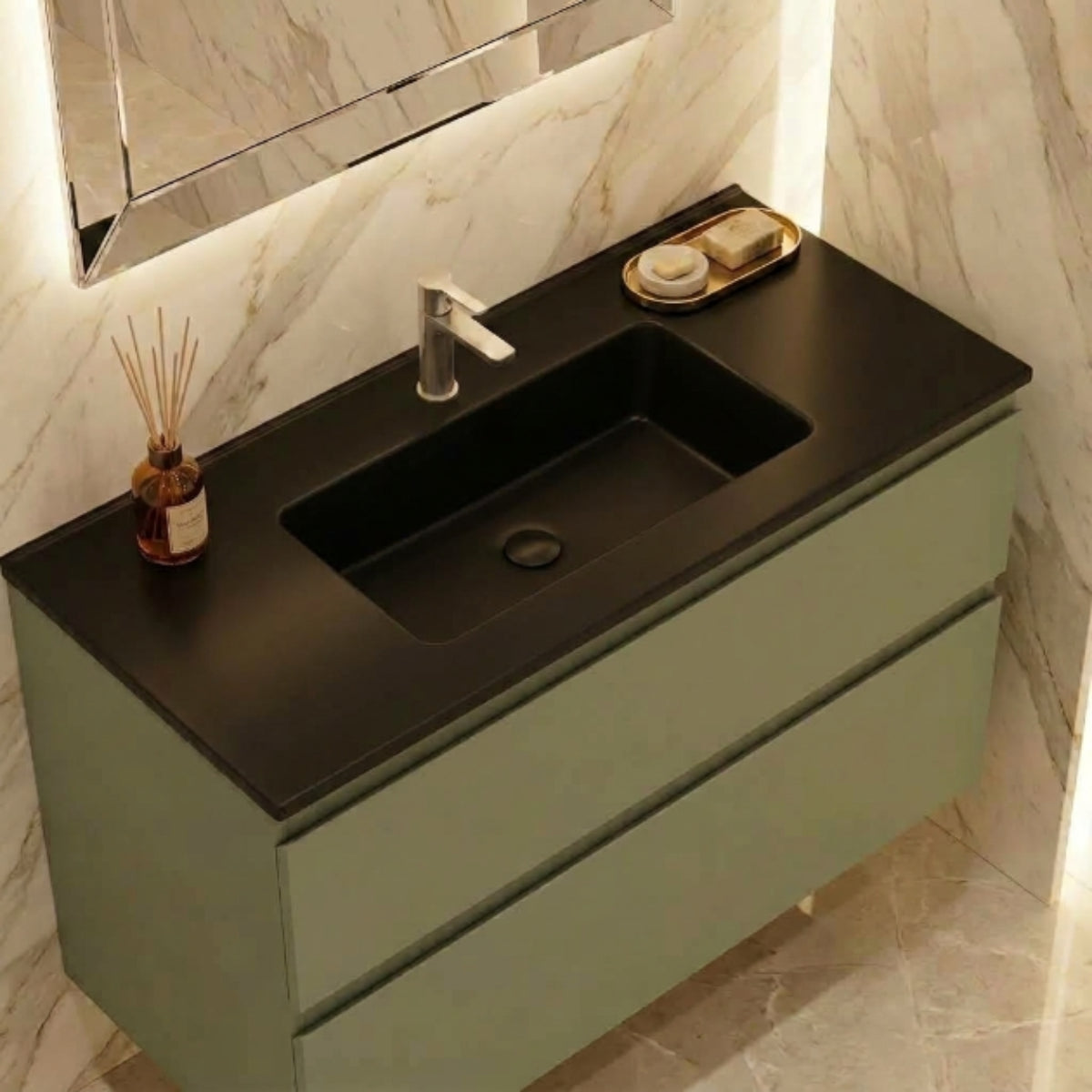 Lavabo Aire integrado color NEGRO MATE un seno centrado mueble de baño 2 cajones suspendidos. Avila Dos - Errefe Home