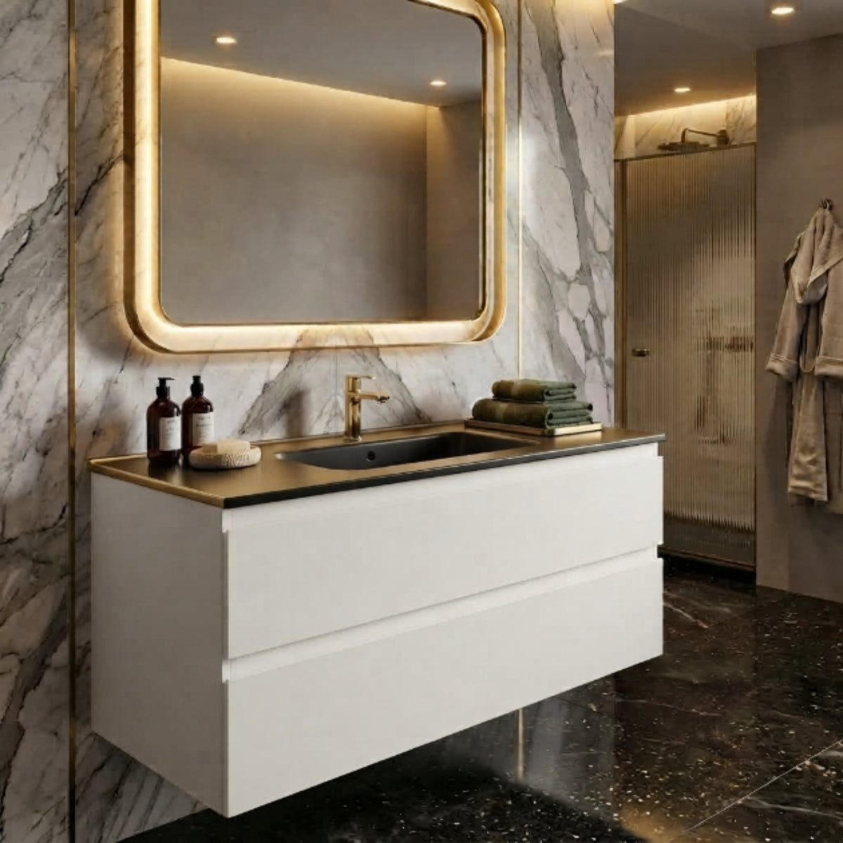 Mueble de baño blanco con Lavabo Aire integrado color NEGRO MATE un seno centrado, 2 cajones suspendidos. Avila Dos - Errefe Home