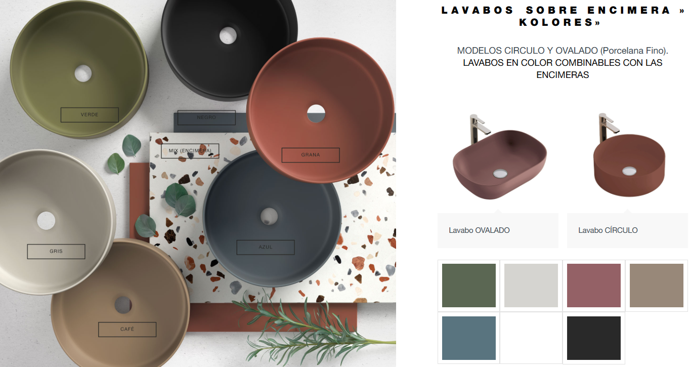 Variedad de acabados en Lavabos Kolores sobre encimera para muebles de baño Avila Dos, Errefe Home