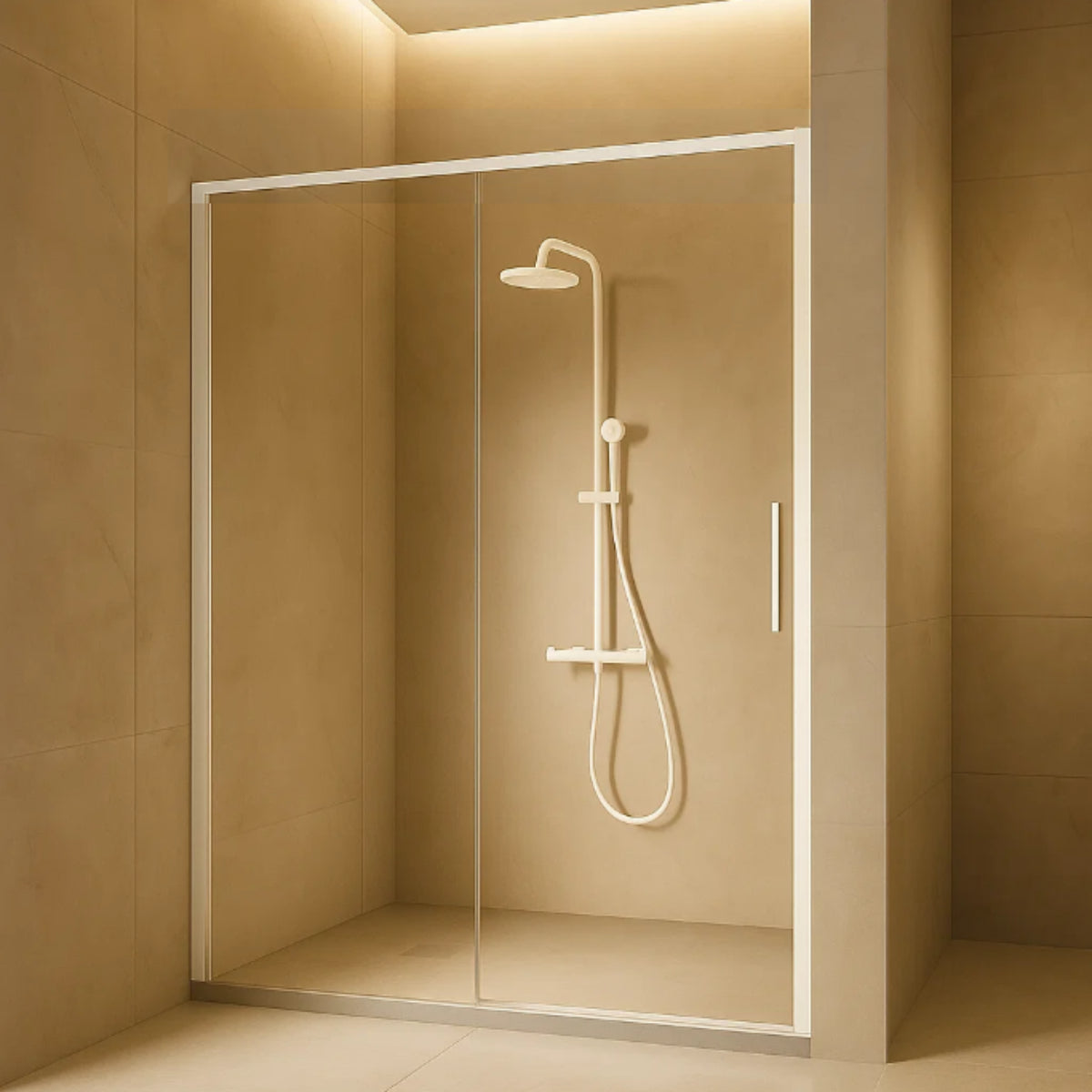 Mampara de ducha Delta Kassandra, 1 corredera + 1 fijo, perfil en blanco, cristal transparente, diseño estilizado y minimalista, Errefe Home