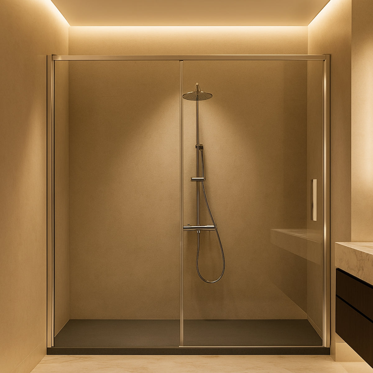 Mampara de ducha Delta Kassandra, 1 corredera + 1 fijo, perfil en cromo, cristal transparente, diseño estilizado y minimalista, Errefe Home