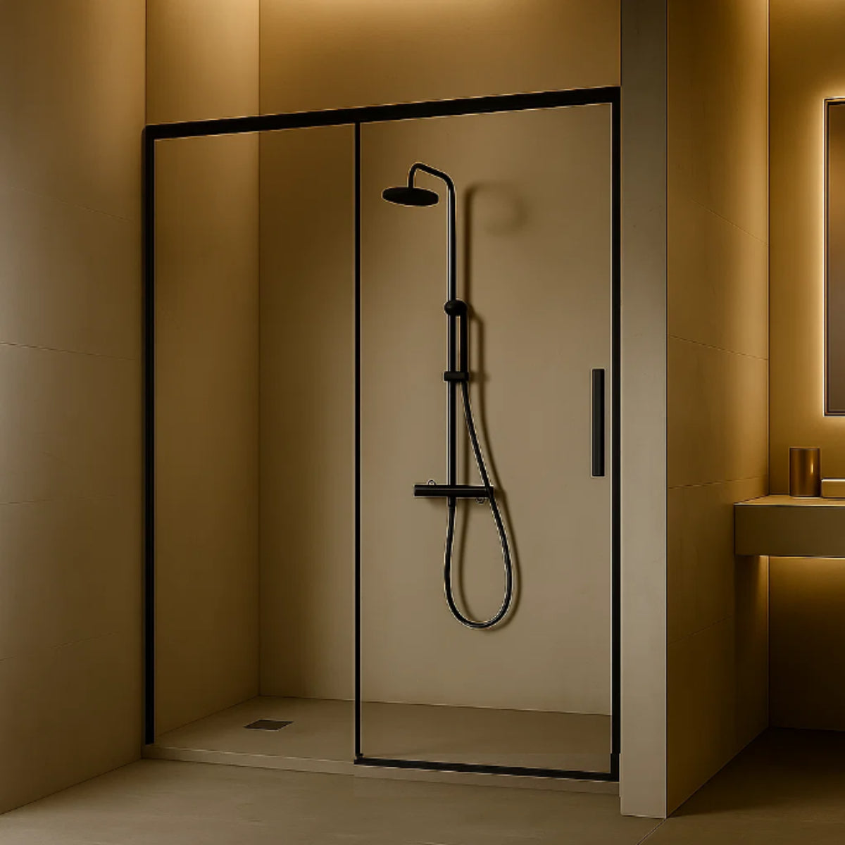 Mampara de ducha Delta Kassandra, 1 corredera + 1 fijo, perfil en negro mate, cristal transparente, diseño estilizado y elegante, Errefe Home