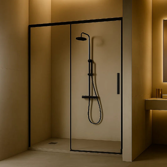 Mampara de ducha Delta Kassandra, 1 corredera + 1 fijo, perfil en negro mate, cristal transparente, diseño estilizado y elegante, Errefe Home