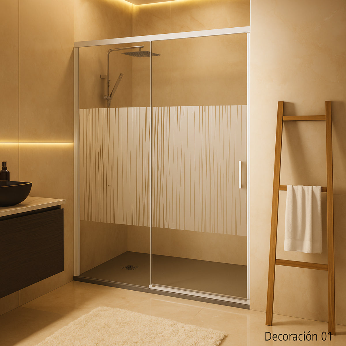 Mampara de ducha Yaiza Becrisa., vidrios decorativos, 1 puerta corredera + 1 fijo, perfil cromo, diseño actual y versátil, Errefe Home