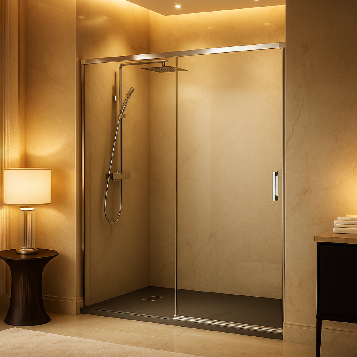 Mampara de ducha Yaiza Becrisa,vidrios transparentes, 1 puerta corredera + 1 fijo, perfil cromo, estilo minimalista, moderno y elegante, Errefe Home