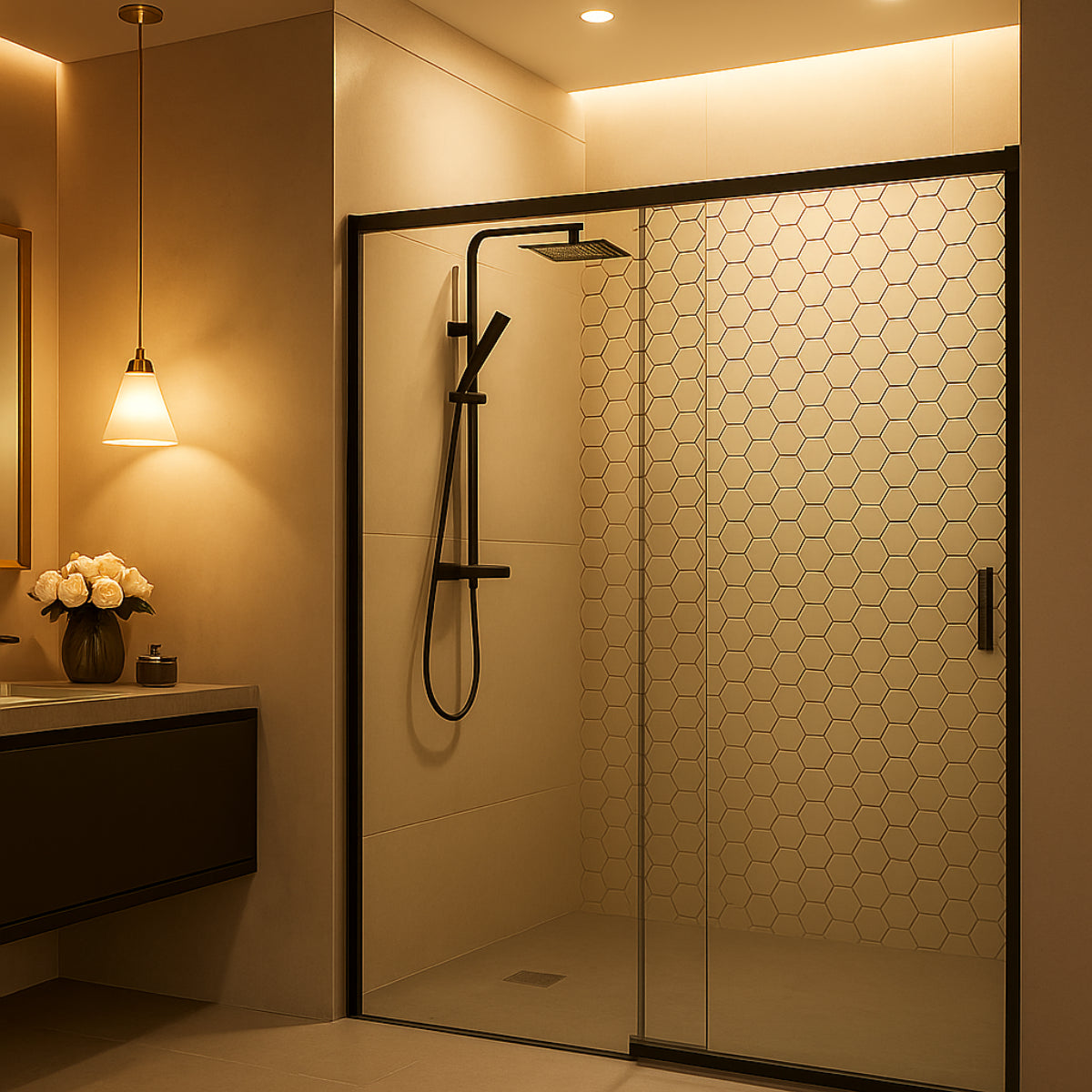 Mampara de ducha Yaiza Becrisa,vidrios transparentes, 1 puerta corredera + 1 fijo, perfil negro mate, estilo minimalista, contemporáneo y elegante, Errefe Home