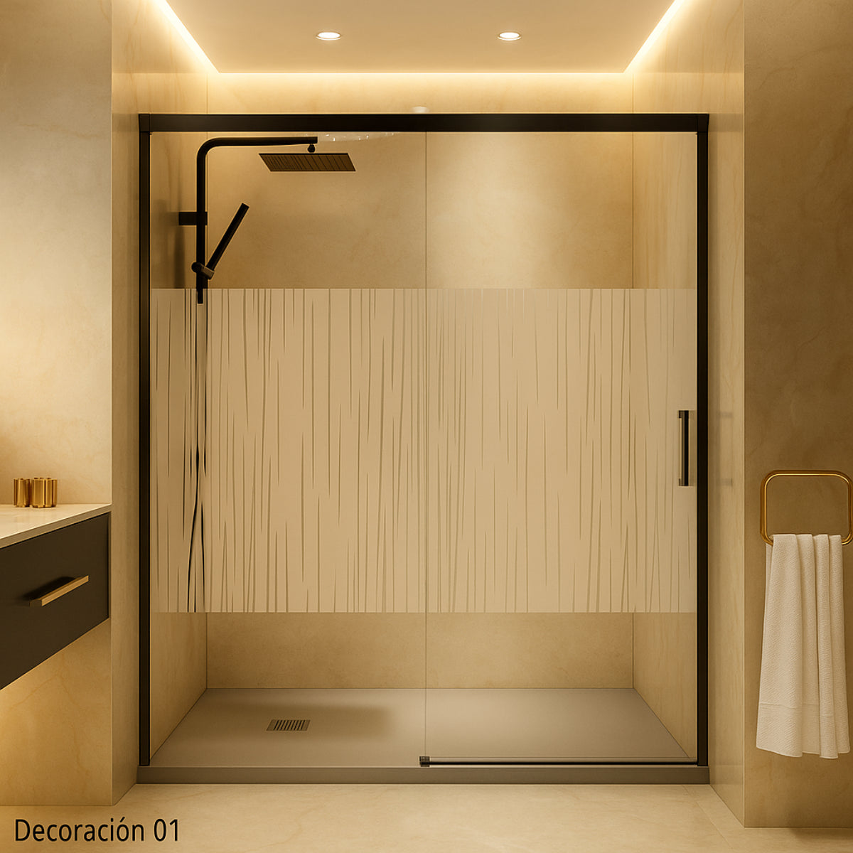 Mampara de ducha Yaiza Becrisa., vidrios decorativos, 1 puerta corredera + 1 fijo, perfil negro, diseño actual y versátil, Errefe Home