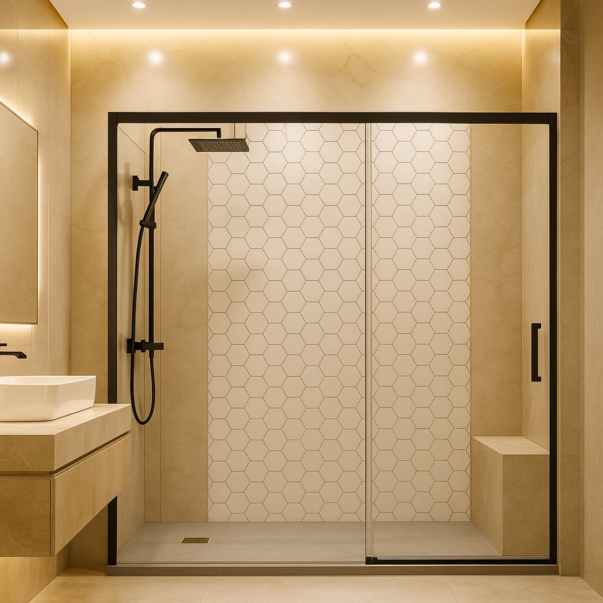 Mampara de ducha Yaiza Becrisa,vidrios transparentes, 1 puerta corredera + 1 fijo, perfil negro mate, estilo minimalista, moderno y elegante, Errefe Home