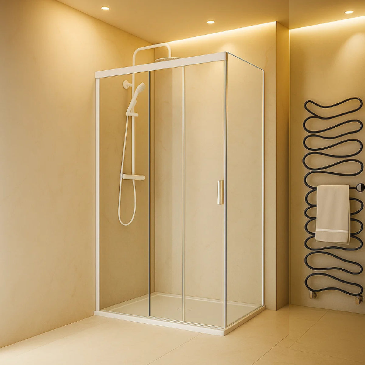 Mampara de ducha Treviño Becrisa, frontal con 2 puertas correderas sincronizadas, 1 fijo y 1 lateral fijo, perfil en blanco, diseño minimalista yluminoso, Errefe Home