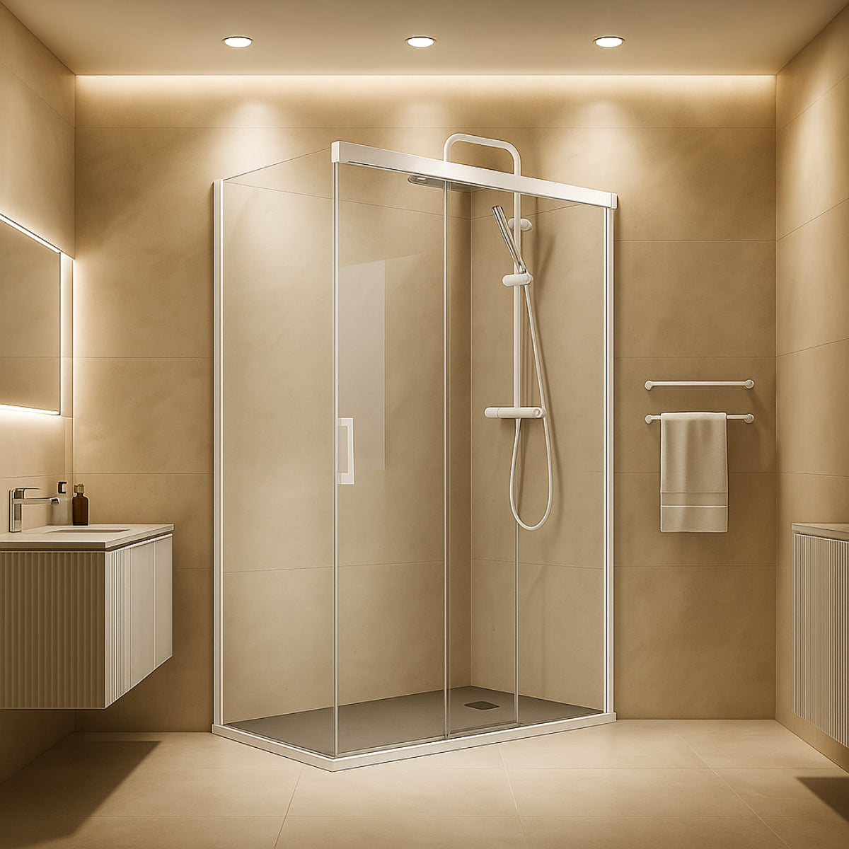 Mampara de ducha Treviño Becrisa, frontal con 2 puertas correderas sincronizadas, 1 fijo y 1 lateral fijo, perfil en blanco, diseño moderno y funcional, Errefe Home