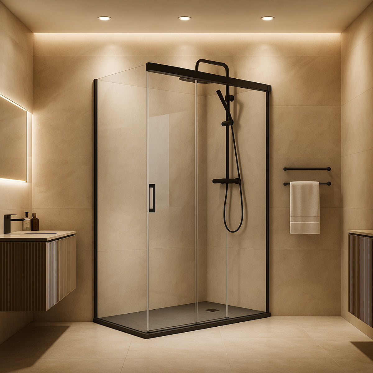 Mampara de ducha Treviño Becrisa, frontal con 2 puertas correderas sincronizadas, 1 fijo y 1 lateral fijo, perfil en negro mate, diseño moderno y funcional, Errefe Home