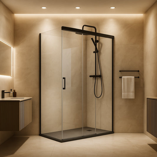 Mampara de ducha Treviño Becrisa, frontal con 2 puertas correderas sincronizadas, 1 fijo y 1 lateral fijo, perfil en negro mate, diseño moderno y funcional, Errefe Home