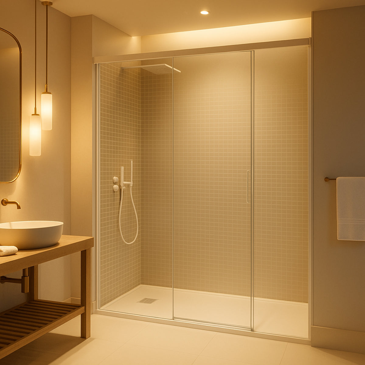 Mampara de ducha Yaiza Becrisa vidrios transparentes, 1 puerta corredera central + 2 fijos, perfil blanco, diseño elegante y luminoso, Errefe Home