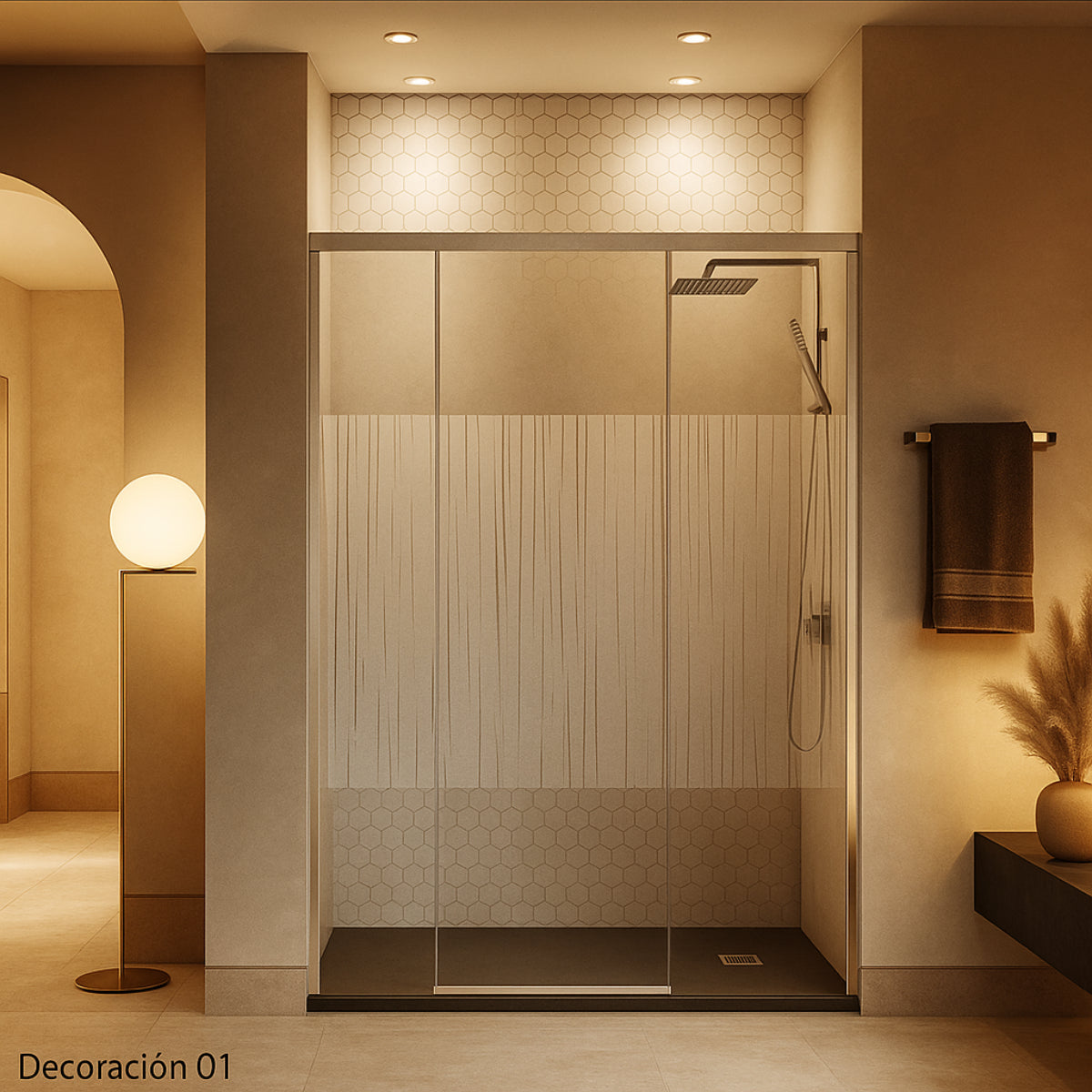 Mampara de ducha Yaiza Becrisa vidrops decorativosl, 1 puerta corredera central + 2 fijos, perfil blanco, diseño elegante y versátil, Errefe Home