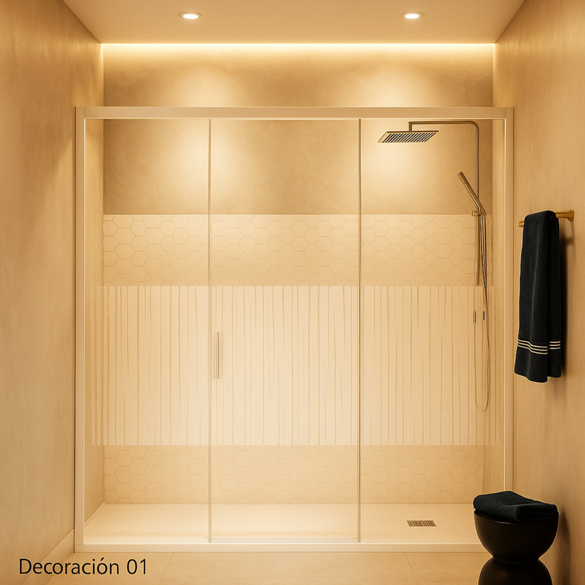 Mampara de ducha Yaiza Becrisa vidrops decorativosl, 1 puerta corredera central + 2 fijos, perfil blanco, diseño elegante y exclusiva, Errefe Home