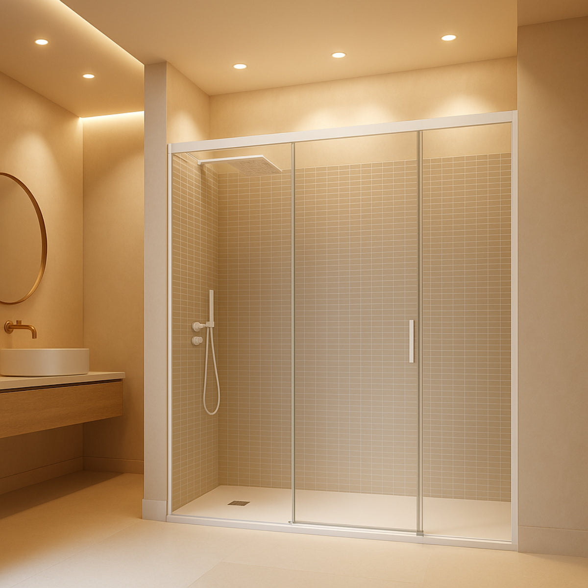 Mampara de ducha Yaiza Becrisa vidrios transparentes, 1 puerta corredera central + 2 fijos, perfil blanco, diseño atemporal y luminoso, Errefe Home