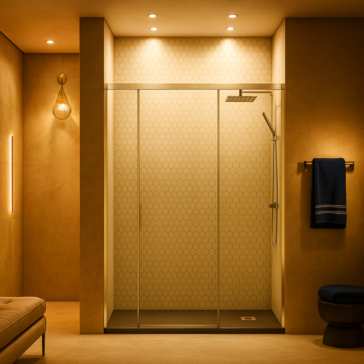 Mampara de ducha Yaiza Becrisa vidrios transparentes, 1 puerta corredera central + 2 fijos, perfil cromo, diseño práctico y luminoso, Errefe Home