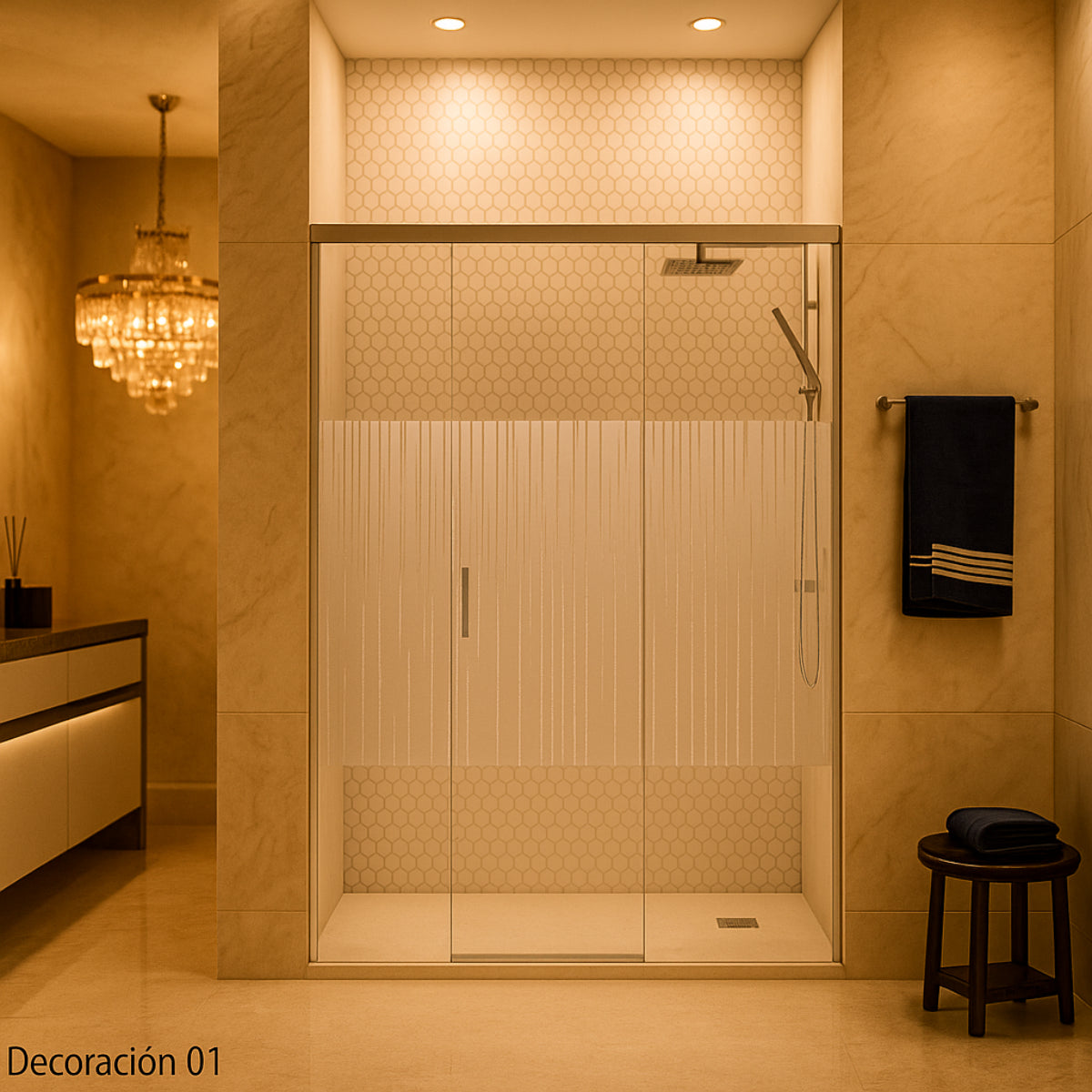 Mampara de ducha Yaiza Becrisa vidrops decorativosl, 1 puerta corredera central + 2 fijos, perfil cromo, diseño elegante y versátil, Errefe Home