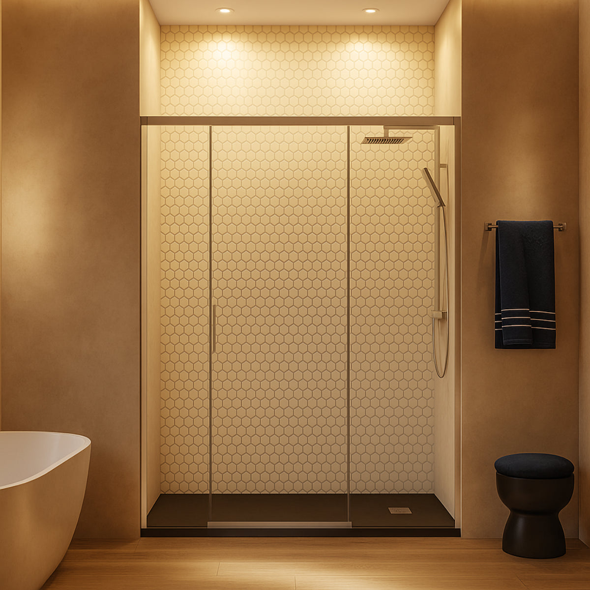 Mampara de ducha Yaiza Becrisa vidrios transparentes, 1 puerta corredera central + 2 fijos, perfil cromo, diseño atemporal y luminoso, Errefe Home