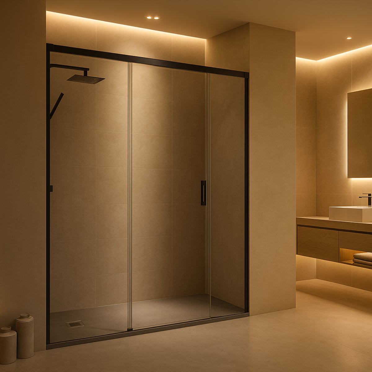 Mampara de ducha Yaiza Becrisa vidrios transparentes, 1 puerta corredera central + 2 fijos, perfil negro, diseño sobrio y práctico, Errefe Home