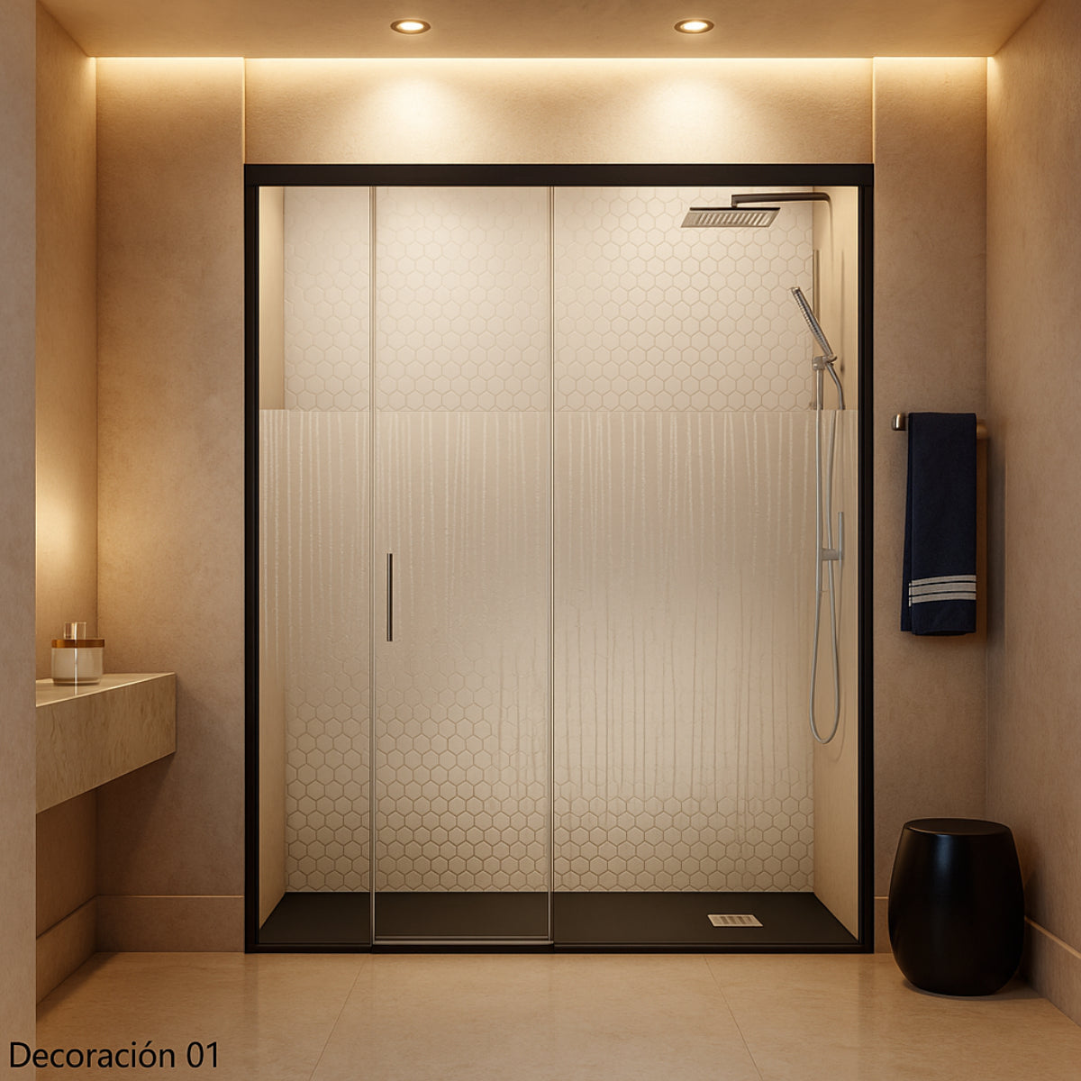 Mampara de ducha Yaiza Becrisa vidrops decorativosl, 1 puerta corredera central + 2 fijos, perfil negro, diseño elegante y versátil, Errefe Home