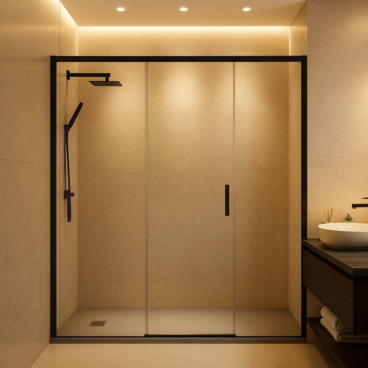 Mampara de ducha Yaiza Becrisa vidrios transparentes, 1 puerta corredera central + 2 fijos, perfil negro, diseño atemporal y luminoso, Errefe Home