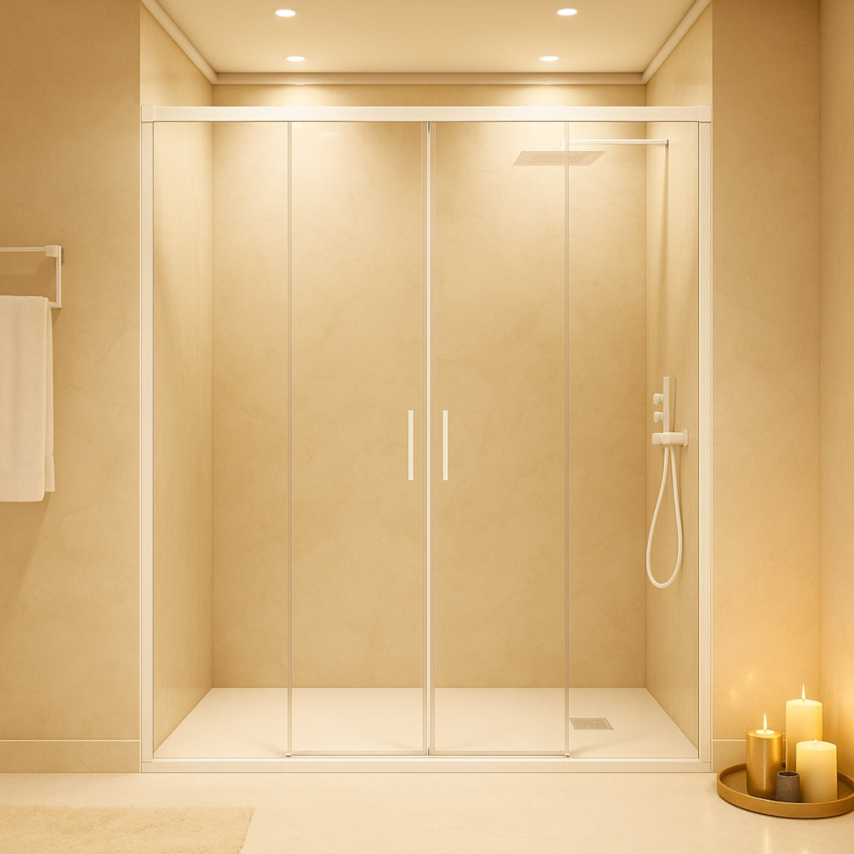 Mampara de ducha Yaiza Becrisa vidrios transparentes, 2 correderas + 2 fijos, perfil cromo, diseño elegante y luminoso y práctico, Errefe Home