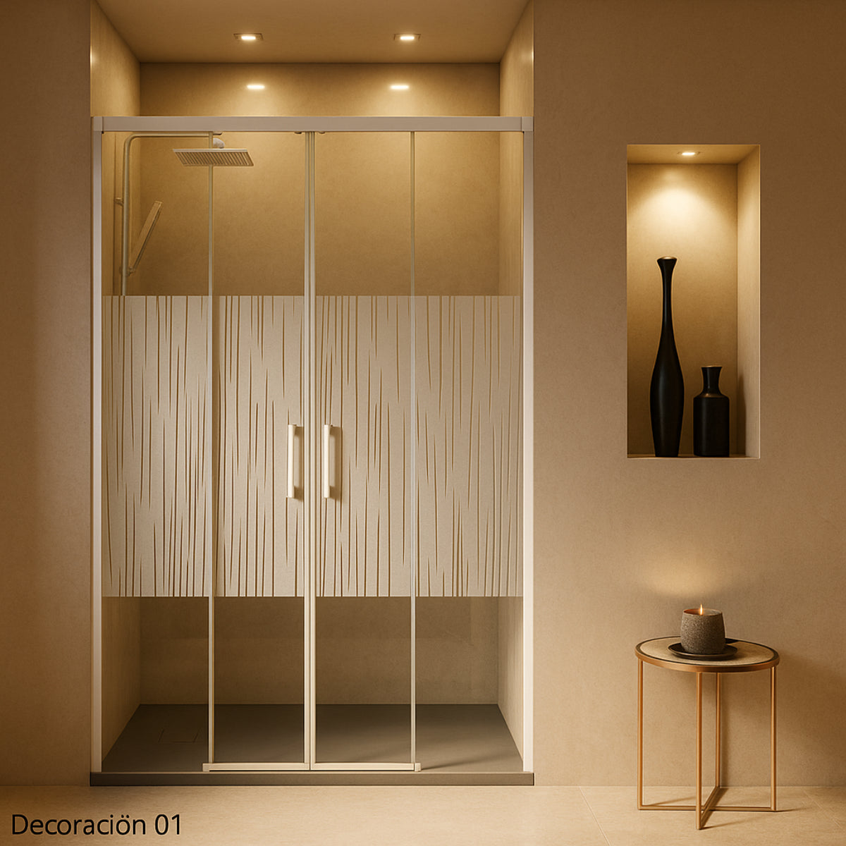 Mampara de ducha Yaiza Becrisa frontal decorativa, 2 correderas + 2 fijos, perfil blanco, diseño elegante, Errefe Home