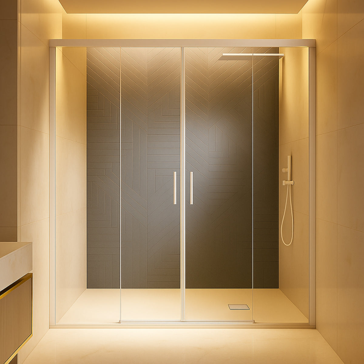 Mampara de ducha Yaiza Becrisa vidrios transparentes, 2 correderas + 2 fijos, perfil blanco, diseño elegante, Errefe Home