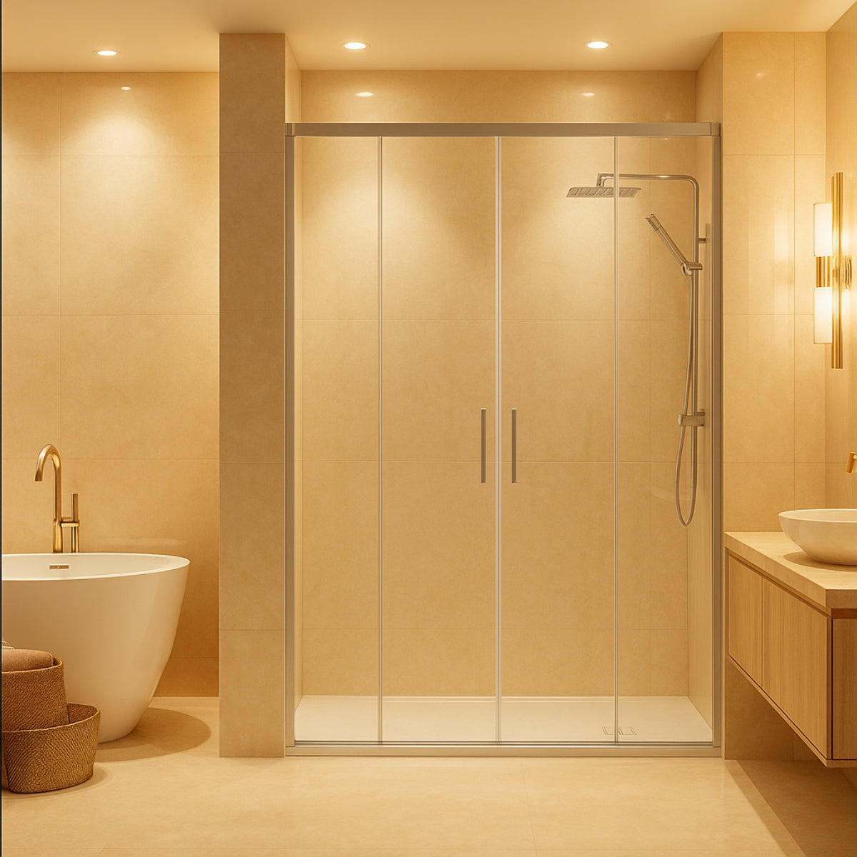 Mampara de ducha Yaiza Becrisa vidrios transparentes, 2 correderas + 2 fijos, perfil cromo, diseño elegante y luminosso, Errefe Home