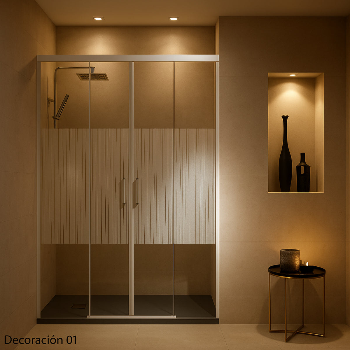 Mampara de ducha Yaiza Becrisa frontal decorativa, 2 correderas + 2 fijos, perfil cromo, diseño elegante, Errefe Home