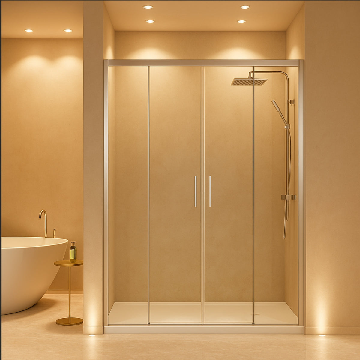 Mampara de ducha Yaiza Becrisa vidrios transparentes, 2 correderas + 2 fijos, perfil cromo, diseño elegante, Errefe Home