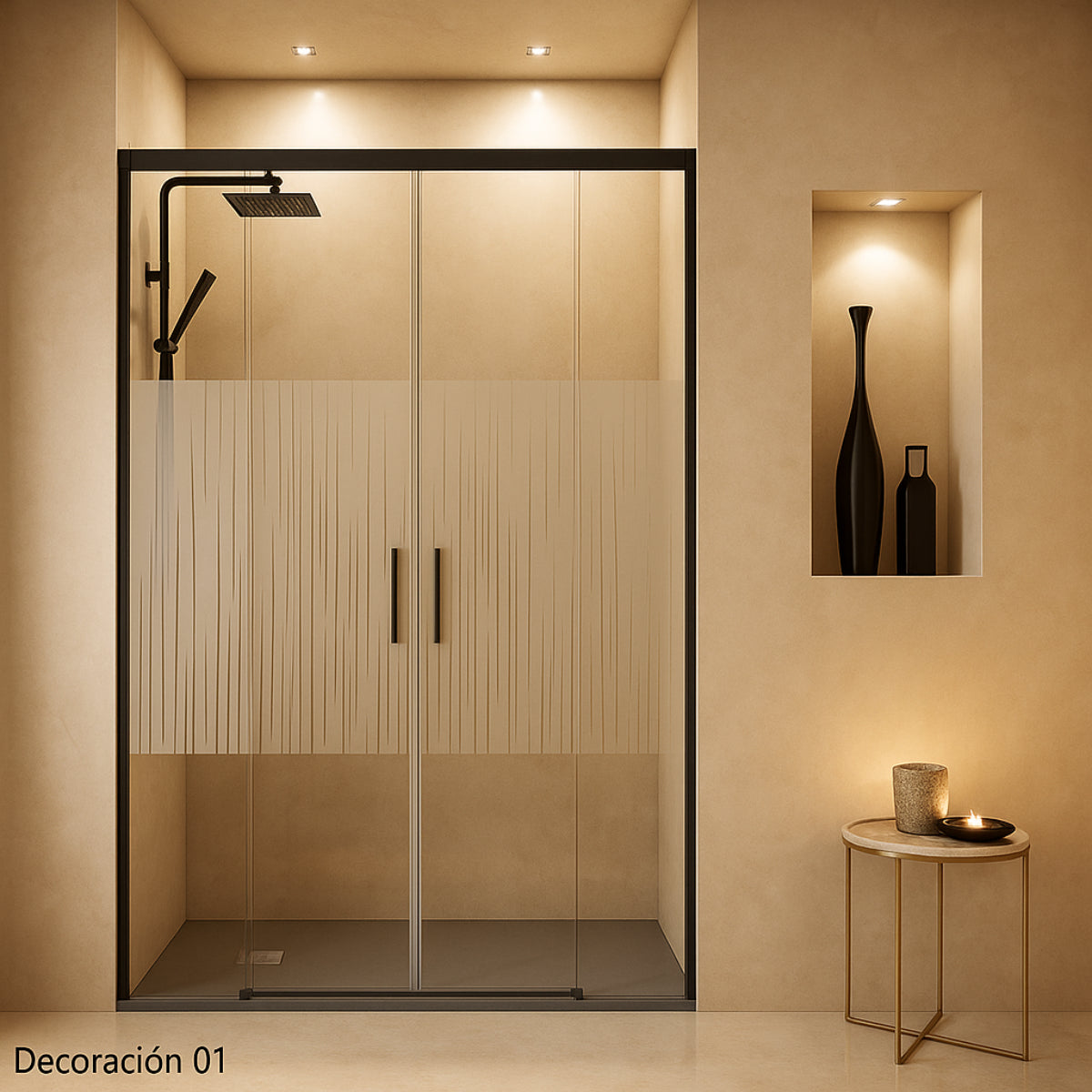 Mampara de ducha Yaiza Becrisa frontal decorativa, 2 correderas + 2 fijos, perfil negro mate, diseño elegante, Errefe Home