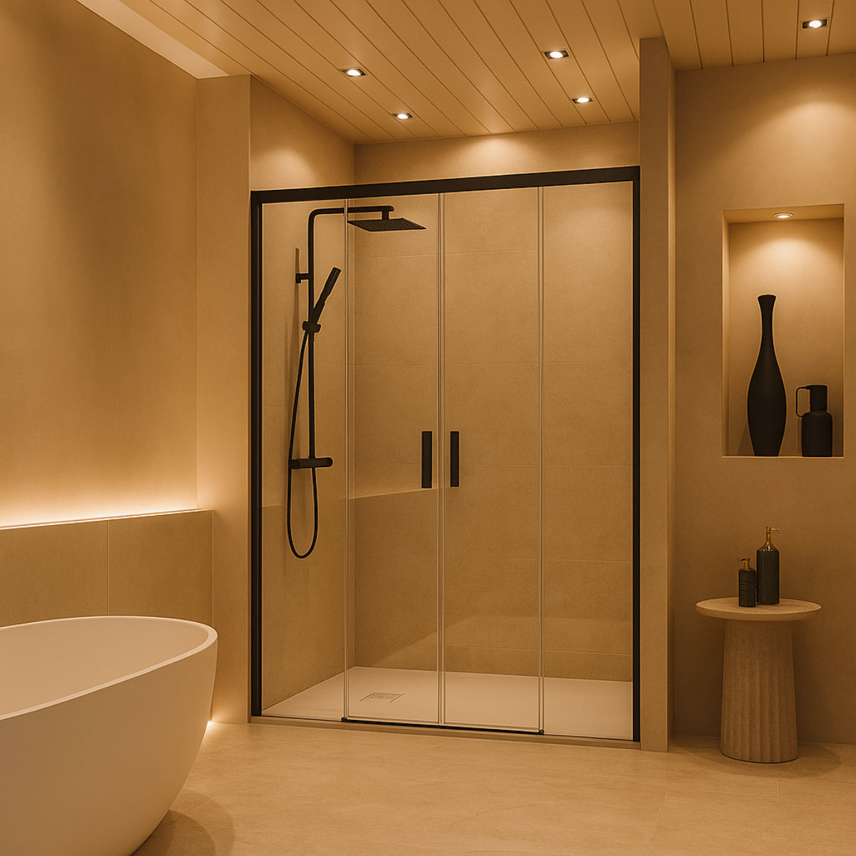 Mampara de ducha Yaiza Becrisa vidrios transparentes, 2 correderas + 2 fijos, perfil negro, diseño elegante, Errefe Home