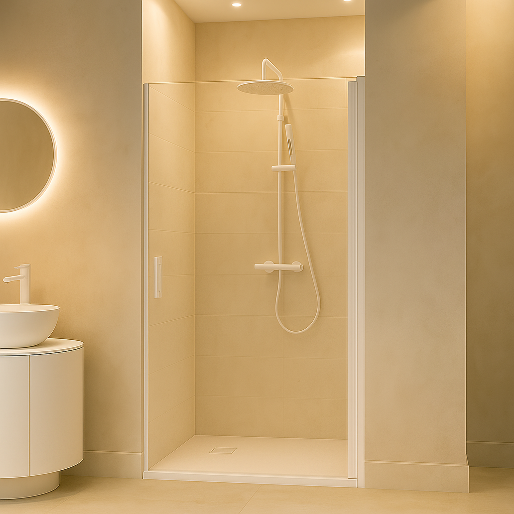 Mampara de ducha Denia Becrisa, 1 puerta abatible, perfiles en blanco, diseño elegante y luminoso, Errefe Home