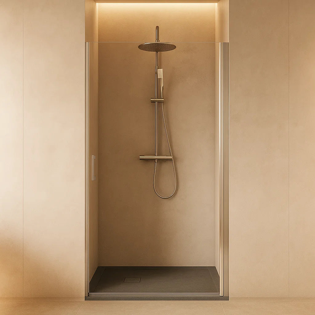 Mampara de ducha Denia Becrisa, 1 puerta abatible, perfiles en cromo, diseño moderno y limpio, Errefe Home