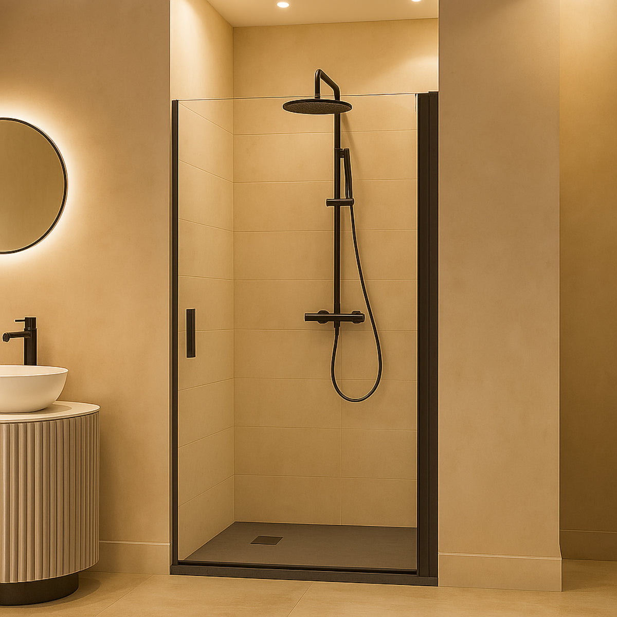 Mampara de ducha Denia Becrisa, 1 puerta abatible, perfiles en negro mate, diseño premium, Errefe Home