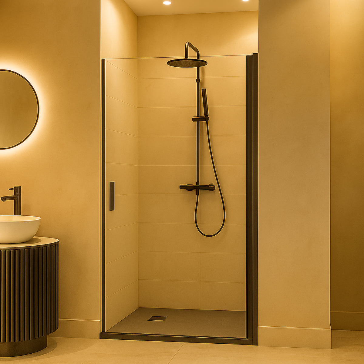 Mampara de ducha Denia Becrisa, 1 puerta abatible, perfiles en negro mate, diseño elegante y sobrio, Errefe Home