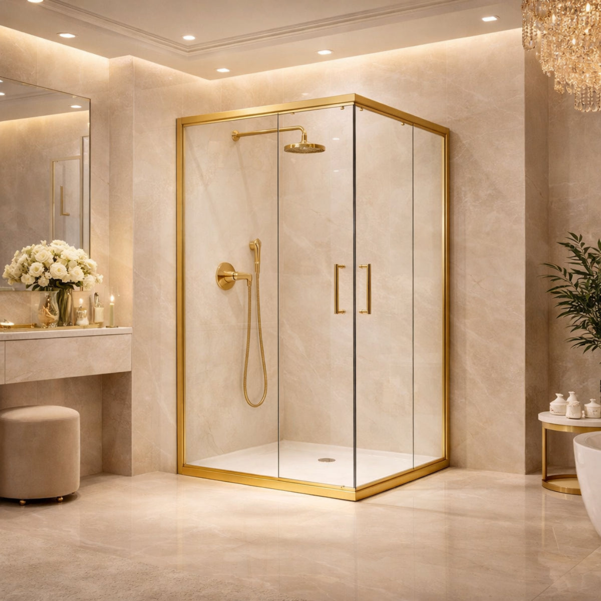 Mampara de ducha angular Glasé Kassandra, 2 puertas correderas + 2 fijos, vidrio transparente, perfil oro cepillado, diseño elegante y contemporáneo, Errefe Home